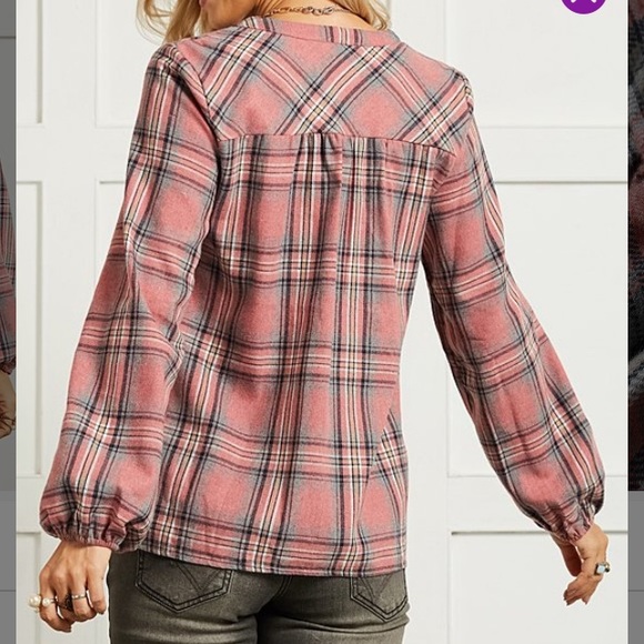Pink Plaid Button-Front Ruffle-Hem Top - Picture 3 of 4